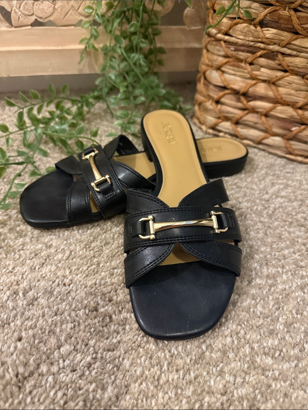 J. Crew Black Leather Slide Mules with Gold Hardware
